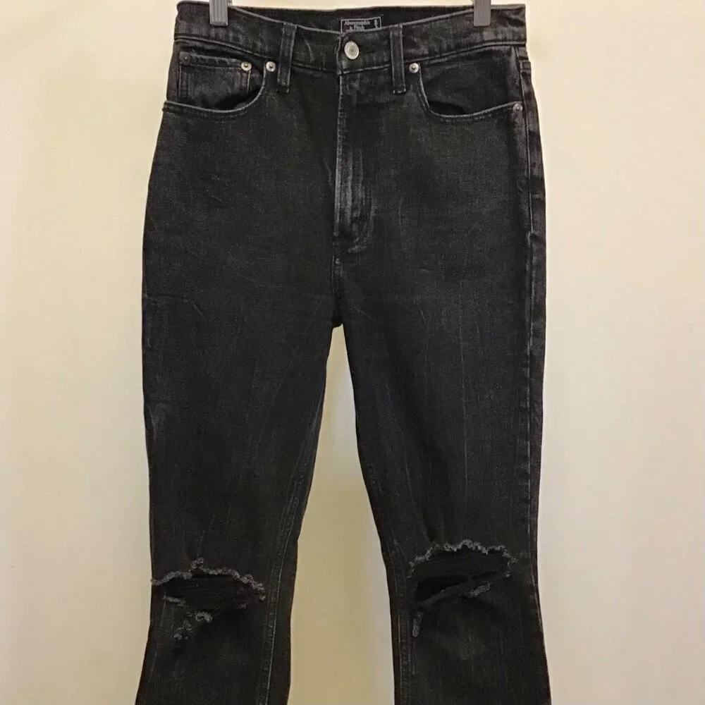 Abercrombie 2 (26) Ultra High Rise Mom Womens Jeans Black Distressed Frayed Hems